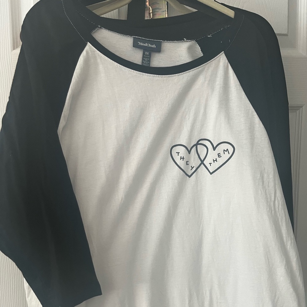 ModCloth Black and white they/them baseball ringer tee - Picture 2 of 5